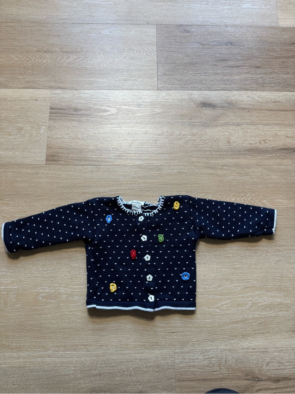 Neiman Marcus Navy Knit Cardigan with Colorful Flower Buttons